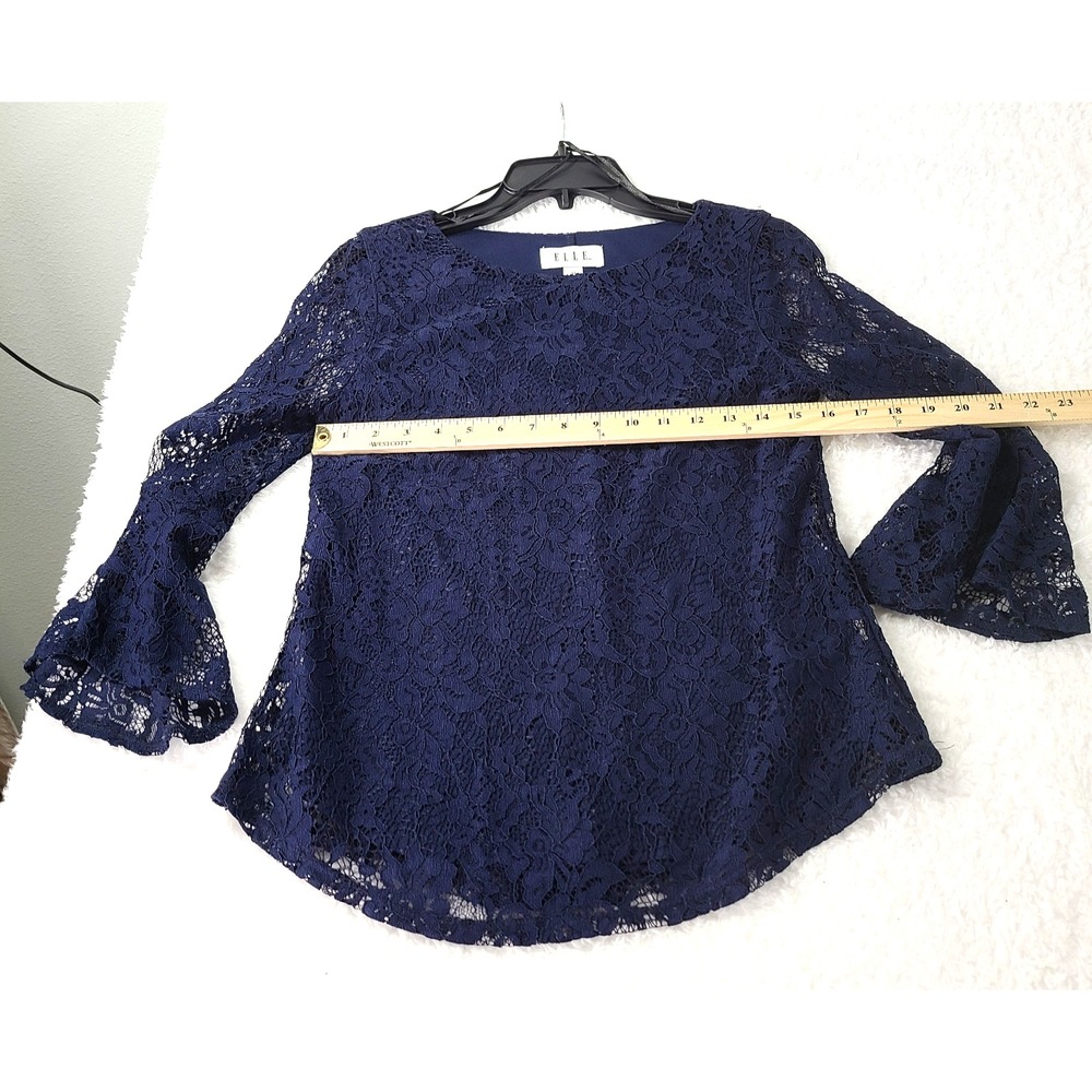 ELLE Womens XS Navy Blue Floral Lace Blouse Bell Sleeve Romantic Boho Top